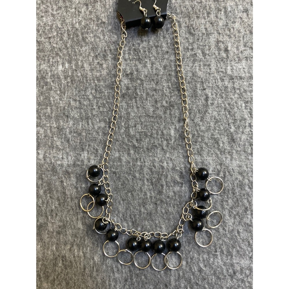 Black Bead and Silver Circle Necklace and Earring Set Fashion New Paparazzi